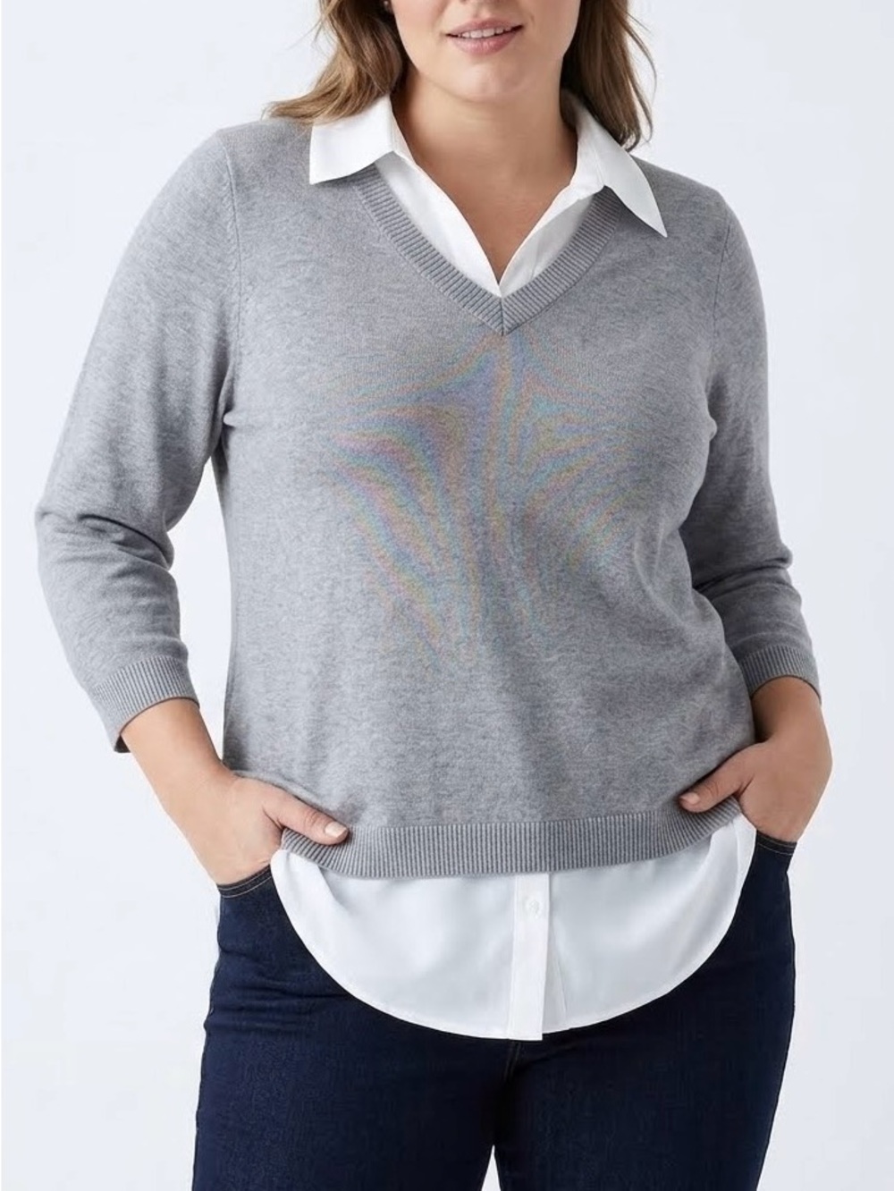 Adrianna Papell Grey 2-in-1 Mock Layered Twofer Sweater Blouse Plus Size 1X